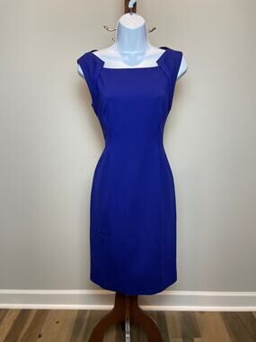 Elie Tahari Blue Square Neck Sheath Dress Lined Womens Size 4